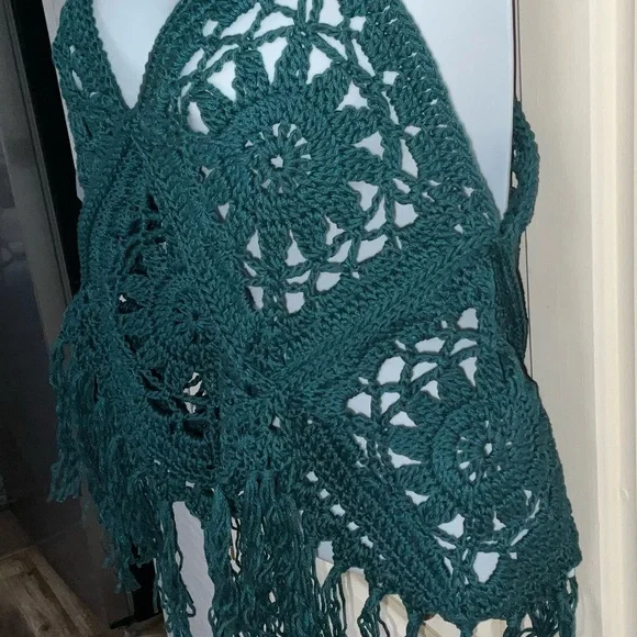 Hand Crafted Halter Crochet  Bohemian with Fringe Coverup  M/L Teal Green/Blue - Picture 8 of 11